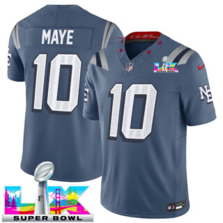 Men's New England Patriots #10 Drake Maye Storm Blue 2025 F.U.S.E. Super Bowl LX Patch Rivalries Vapor Limited Stitched Football Jersey