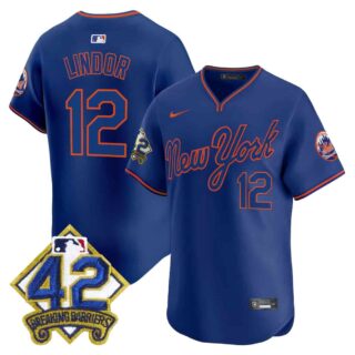 Men's New York Mets 2025 Jackie Robinson Patch Road Alternate Jersey All Stitched Francisco Lindor #12