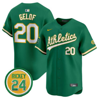 Men's Oakland Athletics #20 Zack Gelof Green 2024 Limited With Rickey Henderson Patch Stitched Jersey