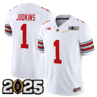 Men's Ohio State Buckeyes #1 Quinshon Judkins White Gold 2025 CFP Final Patch F.U.S.E. Vapor Limited Stitched Football Jersey