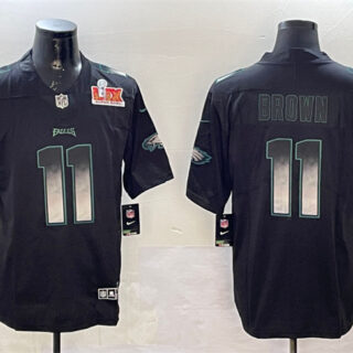 Men's Philadelphia Eagles #11 A. J. Brown Black 2025 Super Bowl LIX Patch Smoke Fashion Vapor Untouchable Limited Stitched Football Jersey