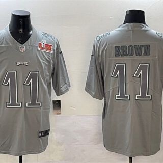 Men's Philadelphia Eagles #11 A. J. Brown Grey 2025 Super Bowl LIX Patch Atmosphere Fashion Vapor Untouchable Limited Stitched Football Jersey