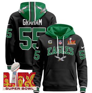 Men's Philadelphia Eagles Super Bowl LIX Patch Pullover Hoodie - All Stitched Black Brandon Graham55