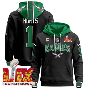 Men's Philadelphia Eagles Super Bowl LIX Patch Pullover Hoodie - All Stitched Black Jalen Hurts 1