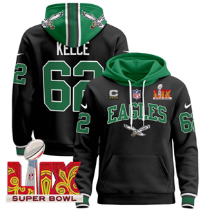 Men's Philadelphia Eagles Super Bowl LIX Patch Pullover Hoodie - All Stitched Black Jason Kelce 62
