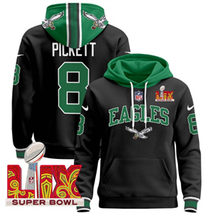 Men's Philadelphia Eagles Super Bowl LIX Patch Pullover Hoodie - All Stitched Black Kenny Pickett 8