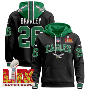 Men's Philadelphia Eagles Super Bowl LIX Patch Pullover Hoodie - All Stitched Black Saquon Barkley 26