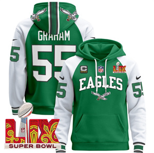 Men's Philadelphia Eagles Super Bowl LIX Patch Pullover Hoodie - All Stitched Kelly Alternate Brandon Graham 55