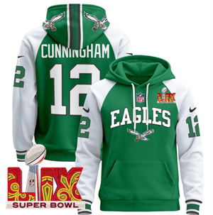 Men's Philadelphia Eagles Super Bowl LIX Patch Pullover Hoodie - All Stitched Kelly Alternate Randall Cunningham 12