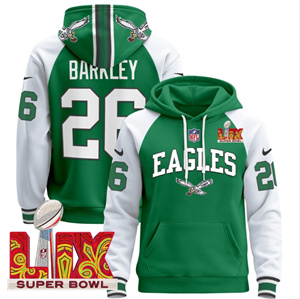 Men's Philadelphia Eagles Super Bowl LIX Patch Pullover Hoodie - All Stitched Kelly Alternate Saquon Barkley 26