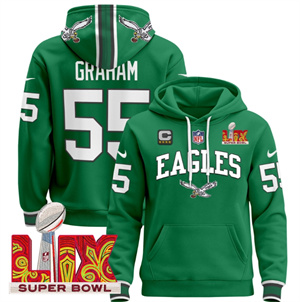 Men's Philadelphia Eagles Super Bowl LIX Patch Pullover Hoodie - All Stitched Kelly Green Brandon Graham 55