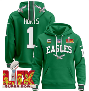 Men's Philadelphia Eagles Super Bowl LIX Patch Pullover Hoodie - All Stitched Kelly Green Jalen Hurts 1