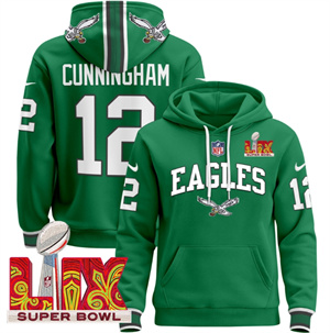Men's Philadelphia Eagles Super Bowl LIX Patch Pullover Hoodie - All Stitched Kelly Green Randall Cunningham 12