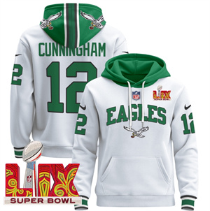 Men's Philadelphia Eagles Super Bowl LIX Patch Pullover Hoodie - All Stitched Kelly White Randall Cunningham 12