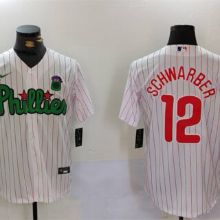 Men's Philadelphia Phillies #12 Kyle Schwarber White Green Cool Base Stitched Jersey