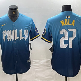 Men's Philadelphia Phillies #27 Aaron Nola Blue 2024 City Connect Limited Stitched Baseball Jersey