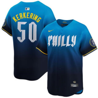 Men's Philadelphia Phillies #50 Orion Kerkering Blue 2024 City Connect Limited Stitched Jersey