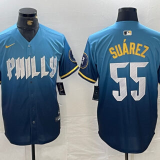 Men's Philadelphia Phillies #55 Ranger Su??rez Blue 2024 City Connect Limited Stitched Jersey