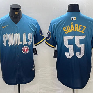 Men's Philadelphia Phillies #55 Ranger Su??rez Blue 2024 City Connect Limited Stitched Jersey