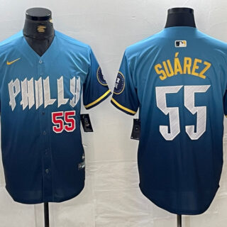 Men's Philadelphia Phillies #55 Ranger Su??rez Blue 2024 City Connect Limited Stitched Jersey