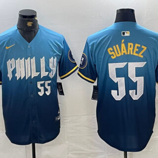 Men's Philadelphia Phillies #55 Ranger Su??rez Blue 2024 City Connect Limited Stitched Jersey