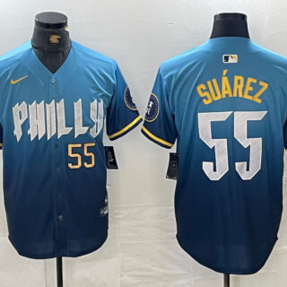 Men's Philadelphia Phillies #55 Ranger Su??rez Blue 2024 City Connect Limited Stitched Jersey