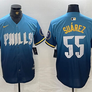 Men's Philadelphia Phillies #55 Ranger Su??rez Blue 2024 City Connect Limited Stitched Jersey