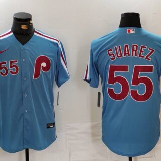 Men's Philadelphia Phillies #55 Ranger Su??rez Blue Cool Base Stitched Jersey