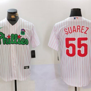Men's Philadelphia Phillies #55 Ranger Su??rez White Green Cool Base Stitched Jersey