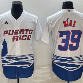 Men's Puerto Rico Baseball #39 Edwin D??az 2023 White World Baseball Classic Replica Stitched Jersey