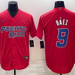 Men's Puerto Rico Baseball #9 Javier B??ez 2023 Red World Baseball Classic Replica Stitched Jersey
