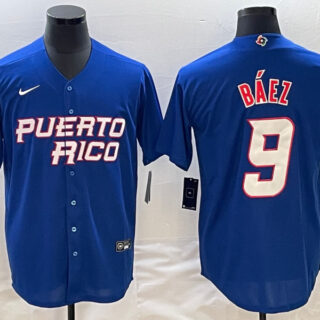 Men's Puerto Rico Baseball #9 Javier B??ez 2023 Royal World Baseball Classic Stitched Jersey