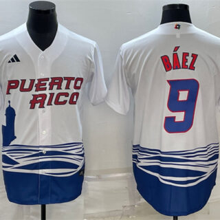Men's Puerto Rico Baseball #9 Javier B??ez 2023 White World Baseball Classic Replica Stitched Jersey