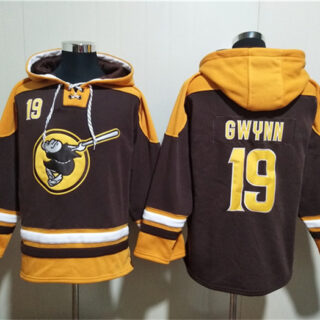 Men's San Diego Padres #19 Tony Gwynn Brown Gold Ageless Must-Have Lace-Up Pullover Hoodie