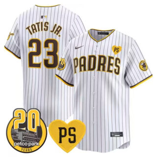 Men's San Diego Padres #23 Fernando Tatis Jr. White ??????For Peter????? And Petco Park 20th Patch Limited Stitched Baseball Jersey