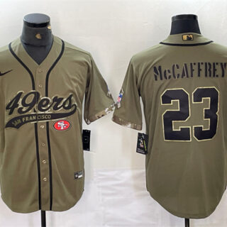 Men's San Francisco 49ers #23 Christian McCaffrey Olive Salute To Service With Patch Cool Base Stitched Baseball Jersey