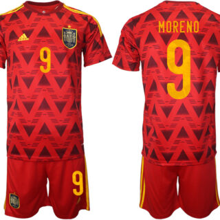 Men's Spain #9 Moreno Red Home Soccer Jersey Suit