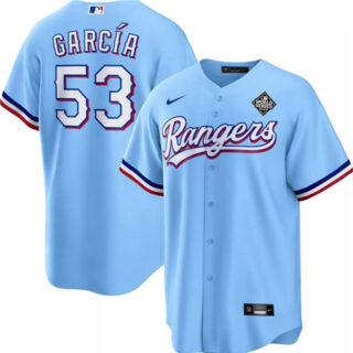 Men's Texas Rangers #53 Adolis Garc??a Blue 2023 World Series Cool Base Stitched Baseball Jersey