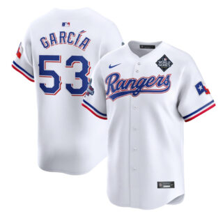 Men's Texas Rangers #53 Adolis Garc??a White 2023 World Series Patch And Champions Patch Stitched Baseball Jersey