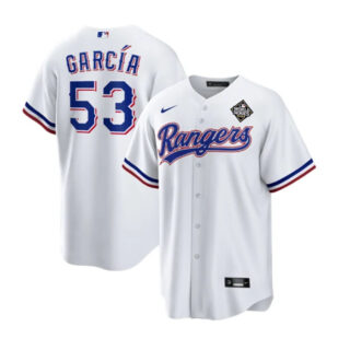 Men's Texas Rangers #53 Adolis Garc??a White 2023 World Series Stitched Baseball Jersey
