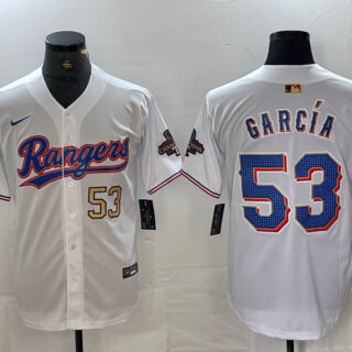 Men's Texas Rangers #53 Adolis Garc??a White Gold Cool Base Stitched Baseball Jersey