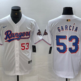 Men's Texas Rangers #53 Adolis Garc??a White Gold Cool Base Stitched Baseball Jersey
