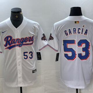 Men's Texas Rangers #53 Adolis Garc??a White Gold Cool Base Stitched Baseball Jersey