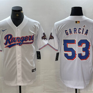 Men's Texas Rangers #53 Adolis Garc??a White Gold Cool Base Stitched Baseball Jersey
