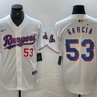 Men's Texas Rangers #53 Adolis Garc??a White Gold Cool Base Stitched Baseball Jersey