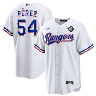 Men's Texas Rangers #54 Mart??n P??rez White 2023 World Series Stitched Baseball Jersey