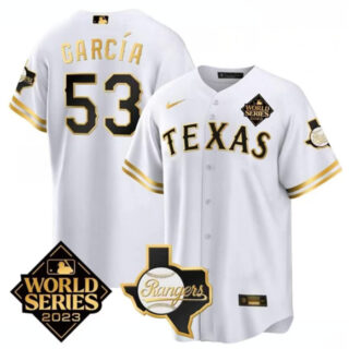Men's Texas Rangers & Cowboys #53 Adolis Garc??a White 2023 World Series Splite Stitched Baseball Jersey