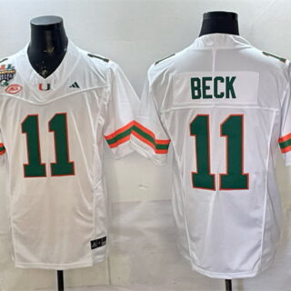 Men's Miami Hurricanes #11 Carson Beck White F.U.S.E. 2026 Fiesta Bowl Champions Patch Stitched Football Jersey