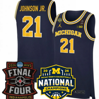 Men's Michigan Wolverines #21 Morez Johnson Jr. Navy 2025 26 Final Four & National Champions Patch Stitched Basketball Jersey