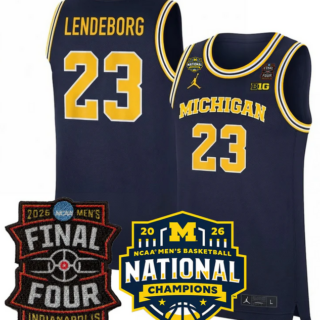 Men's Michigan Wolverines #23 Yaxel Lendeborg Navy 2025 26 Final Four & National Champions Patch Stitched Basketball Jersey